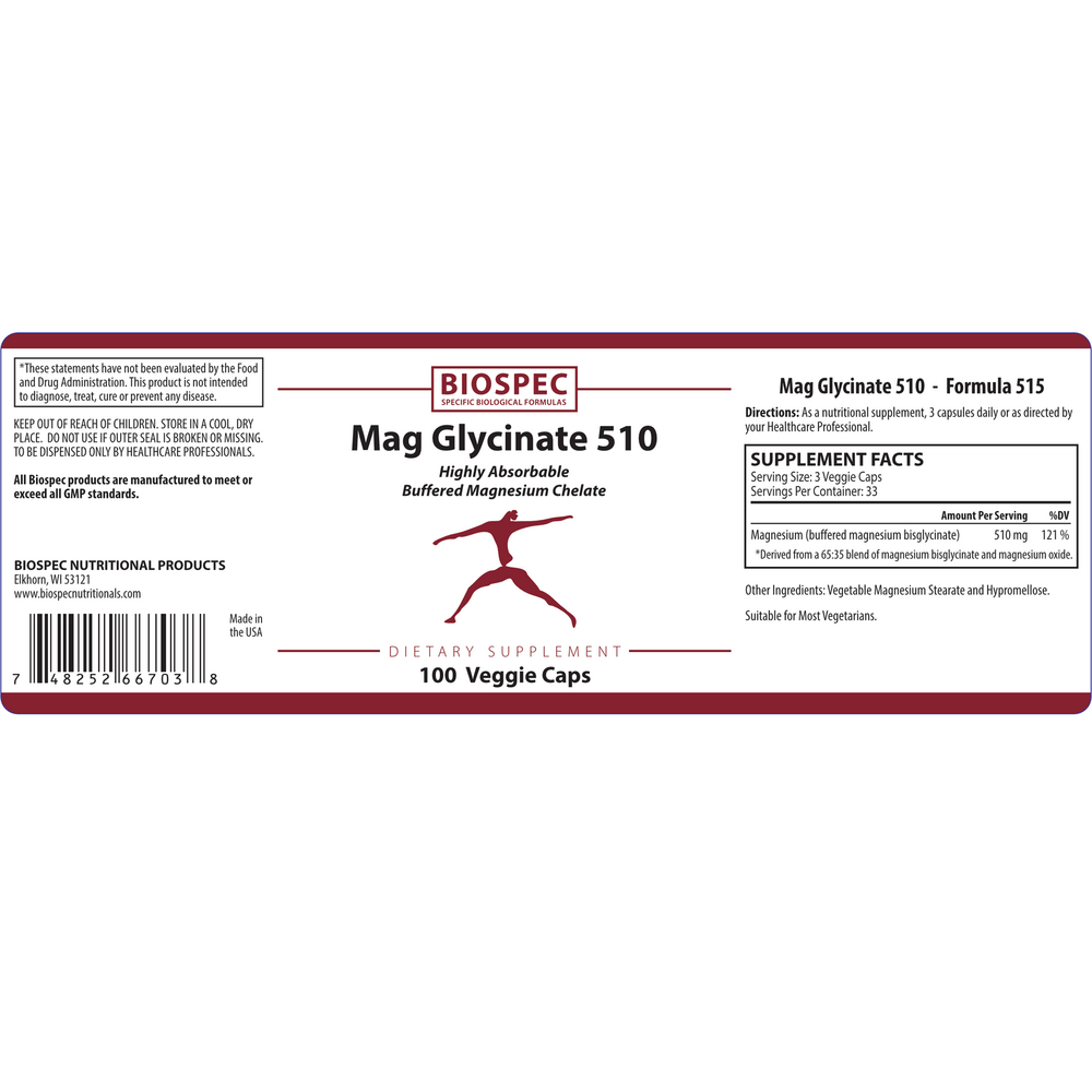 Mag Glycinate 510 – Magnesium Glycinate – Nutritional Supplement - 100 capsules