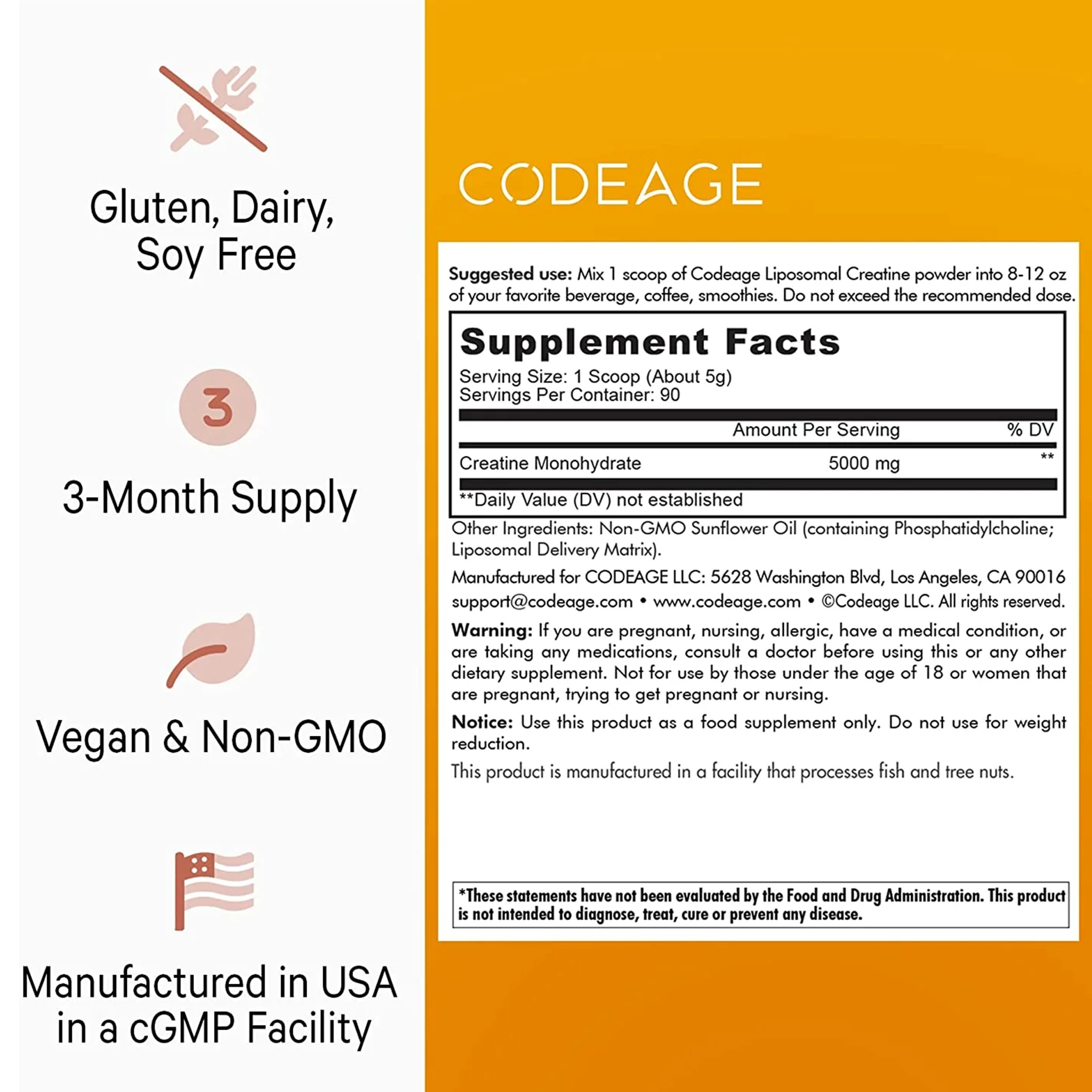 Codeage Liposomal Creatine Monohydrate Powder Supplement  - 450g