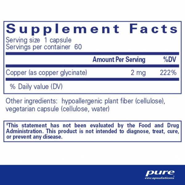 Pure Encapsulations Copper Glycinate 60's - 2 mg Copper Supplement - 60 capsules