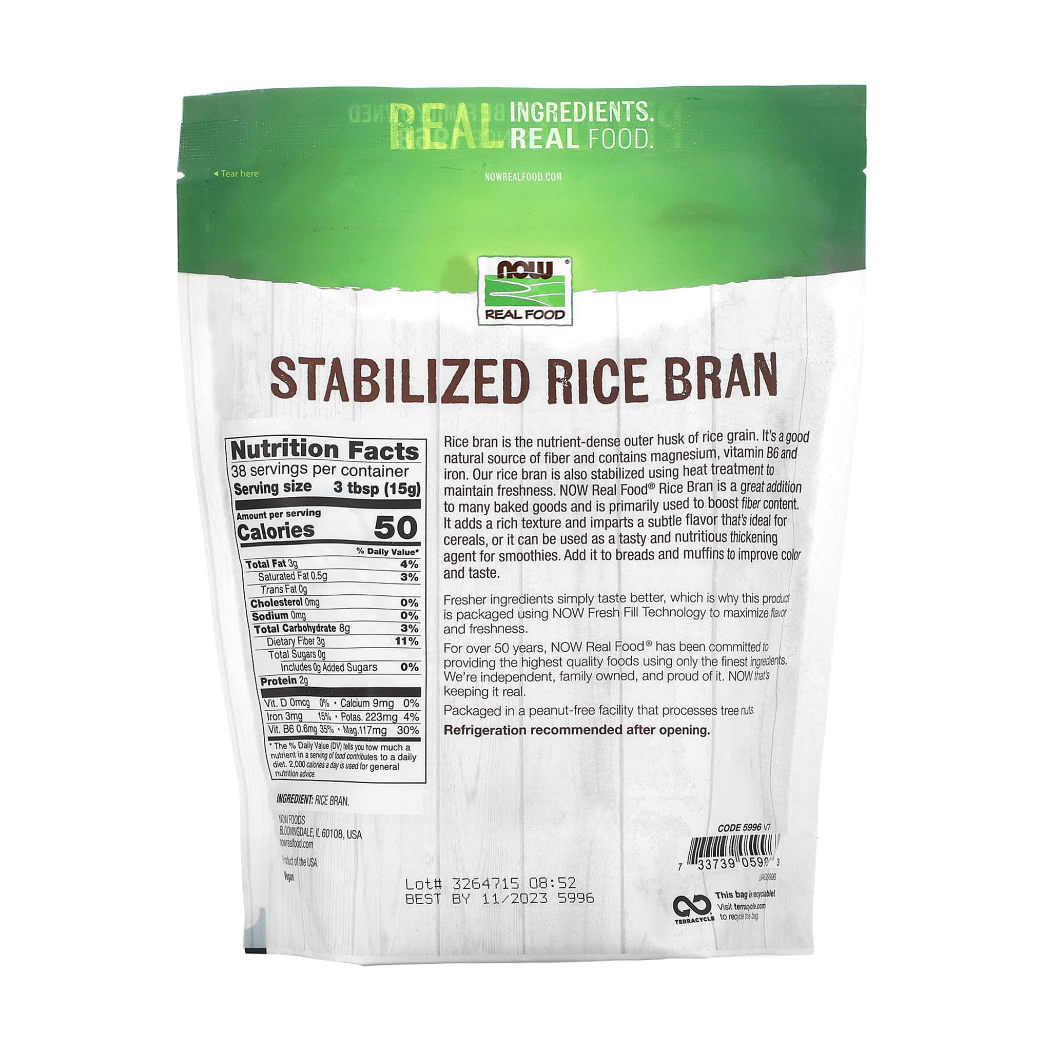 Stabilized Rice Bran - 567g - NOW Foods
